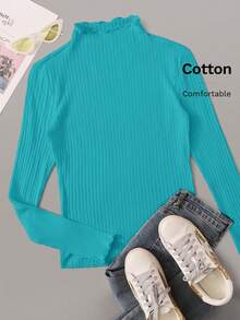 SHEIN EZwear Plus Size Women Solid Color Stand Collar Frill Rib Knit Casual Commuter Long Sleeve T-Shirt - Mint Blue - View 7