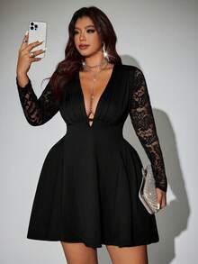 Viva Relle 大码女式纯色复古浪漫优雅V领蕾丝拼接长袖褶裥迷你连衣裙，简约时尚休闲日常穿着，适合派对、舞会、返校、酒店、酒吧、情人节、吊带裙、感恩节等场合，春、夏、秋季皆宜。 - 黑色 - 查看 7