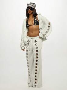 SUMWON Plus Size Oversized Light Grey Hooded Sweatshirt With Metal Eyelet Decoration And Centre Pocket For Casual Fall Winter Comfort