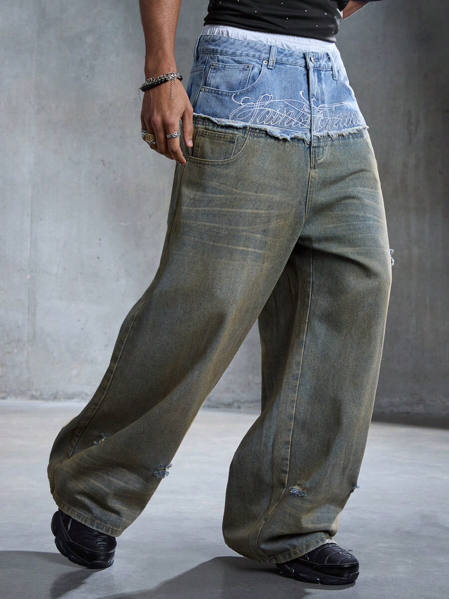 ROMWE MEN Street Life Quần Jeans Nam Cổ Điển, Vải Cotton, Vải Chắp Vá, Rách, Đã Giặt - Màu xanh lam - Xem 1