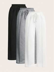 SHEIN PETITE 女士纯色抽绳腰阔腿宽松休闲运动裤，适合毕业季、返校季穿着，也适合教师穿着。 - 彩色 - 查看 1