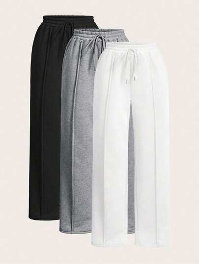 SHEIN PETITE Women's Solid Color Drawstring Waist Wide Leg Loose Casual Sweatpants Graduation,Back To School Outfits,Graduation,Teacher Outfits For Women,Back To School