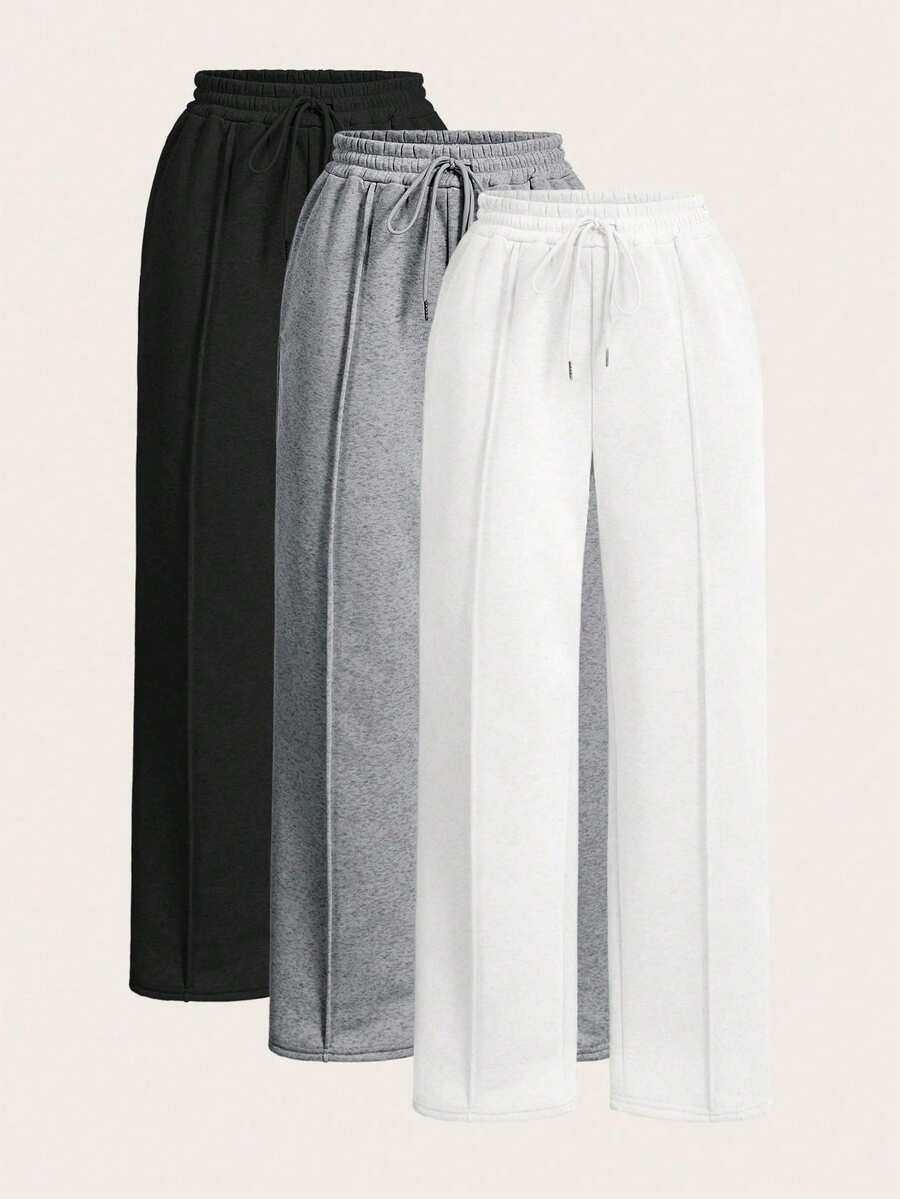 SHEIN PETITE 女士纯色抽绳腰阔腿宽松休闲运动裤，适合毕业季、返校季穿着，也适合教师穿着。 - 彩色 - 查看 1