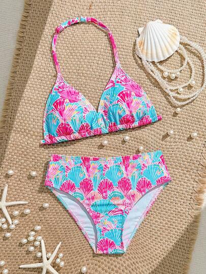 SHEIN Bikiniset med sjöstjärnstryck för flickor, 2 st stickade badkläder, moderiktiga, avslappnade och eleganta badkläder för flickor, lämpliga för bad, semester, sommar