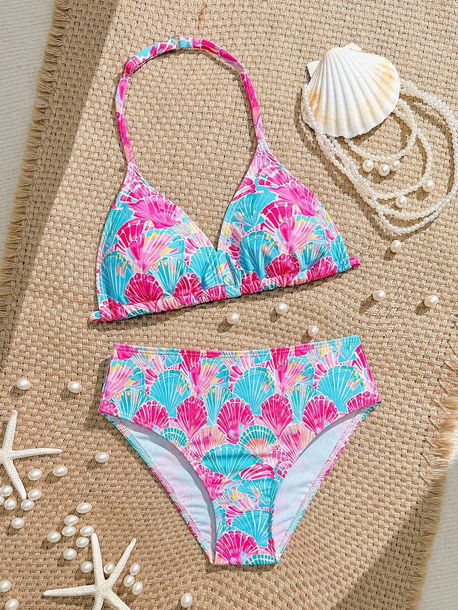 SHEIN 少女海星印花比基尼套装，两件套针织泳衣，时尚休闲优雅女童泳装，适合游泳、度假和夏季穿着 - 彩色 - 查看 1