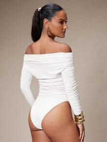 Silquee Women's Solid Color Off-Shoulder Ruched Fashionable Versatile Vacation Party Long Sleeve Bodysuit White Tops Women Off Shoulder Tee White Off Shoulder Top Off The Shoulder Top - White - View 6