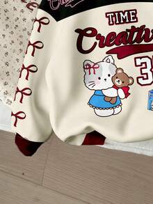 GraphicGems 1件装女童休闲简约卡通猫咪数字印花连帽卫衣，蝴蝶袖设计，适合秋冬季穿着。 - 彩色 - 查看 5