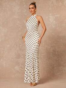 Lumalex Đầm maxi chấm bi cổ yếm hở lưng thanh lịch, ôm eo dành cho nữ, thích hợp dự tiệc và liên hoan. - Màu be - Xem 6