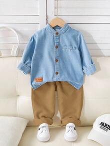 SHEIN 男婴秋冬休闲牛仔外套、牛仔衬衫、灯芯绒裤两件套，适合生日派对、锐舞派对、晚宴、演出、婚礼、满月庆典、洗礼和一周岁生日等场合。 - 棕色 - 查看 1