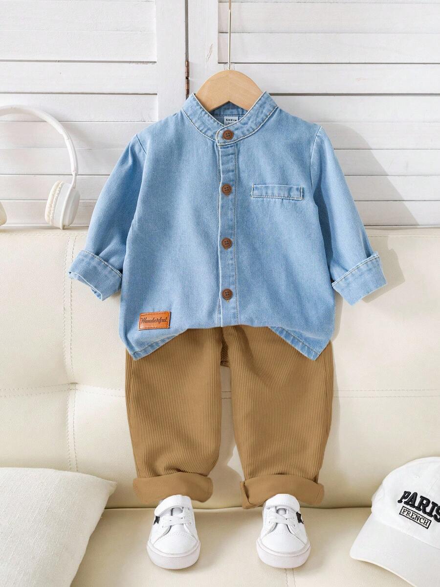SHEIN 男婴秋冬休闲牛仔外套、牛仔衬衫、灯芯绒裤两件套,适合生日派对、锐舞派对、晚宴、演出、婚礼、满月庆典、洗礼和一周岁生日等场合。 - 棕色 - 查看 1