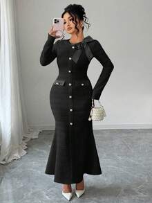 Elenzga 大码女式长袖圆领针织纹理修身鱼尾裙摆仿珍珠纽扣蝴蝶结优雅法式风格百搭通勤约会淑女长裙 - 黑色 - 查看 3