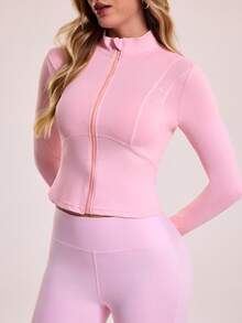 Sovereign Charm Front Zip Fitted Cropped Sports Jacket - Pink - View 4