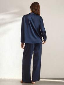 Ocili Silky Satin Comfortable Loose Long Sleeve Top & Pants Women Pajama Set, Winter Clothes - Navy Blue - View 3