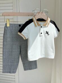 2pcs Baby Boy Short Sleeve Polo Shirt & Elastic Waist Plaid Pants Set,Black And White Plaid,Summer,Casual,Family Matching Preppy School Golf Clothes - Khaki - View 7