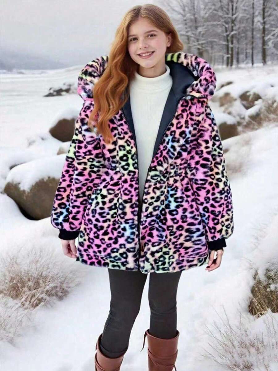 SHEIN 1pc Girls Leopard Print Reversible Fluffy Long Sleeve Windbreaker Jacket, Suitable For Autumn/Winter - Multicolor - View 1