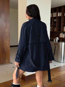 SHEIN EZwear 女士纯色翻领双排扣长袖休闲长款风衣，秋季新品 - 藏蓝色 - 查看 2