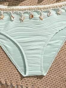 Tween Girl Sage Green 2-Piece Swimwear,Cute Summer Beach Holiday Shell Embroidery Ruffled Tankini,Textured Spaghetti Strap Bikini Bathing Suits Set - Mint Green - View 5