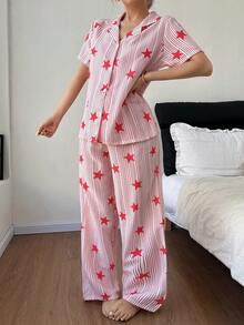 星形条纹休闲翻领开衫女士睡衣套装 - 紅色 - 查看 6