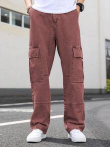 Manfinity Roghcode 宽松男士翻盖口袋侧边工装牛仔裤 - 鏽棕色 - 查看 4