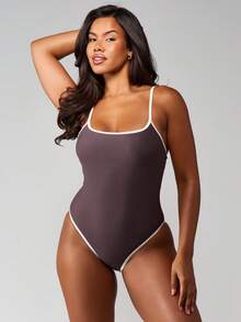 MISSGUIDED Contrast Binding One Piece Scoop Neck Spaghetti Strap Full Coverage Swimsuit High Rise Bottom With White Piping Detail Summer Beach Pool Vacation - Brown - View 1