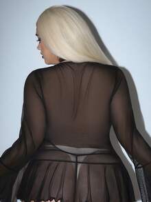 SHEIN 2pcs/Set Women's Punk Style Sexy Mesh Eyelet Lace-Up Ruffle Hem Slit Skirt Set - Black - View 7