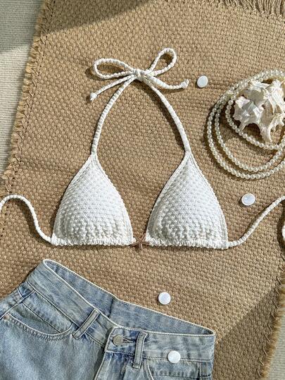 Swim Vcay Women's Solid Color Textured Fabric Halter Neck Tie Strap Metal Decor Swimsuit Top, For Beach & Pool Vacation,Summer Holiday Outfits ,Valentine's Day