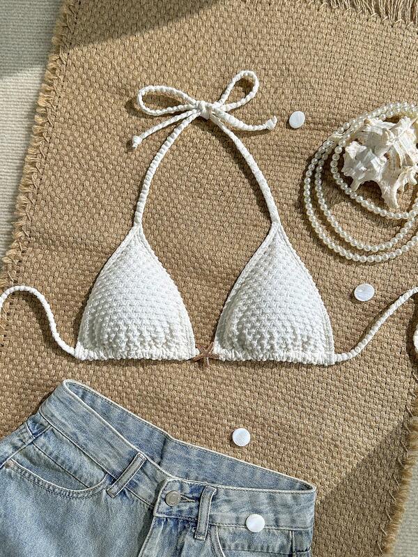 Swim Vcay Top de traje de baño para mujer con cuello de halter, tirantes con lazo y decoración metálica, en tela texturizada de unicolor, para playa y vacaciones en la piscina