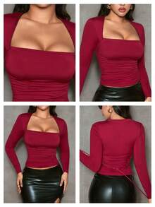 Nuvra 女士长袖双层塑身收腹上衣，带衬里，收腰塑身衣 - 酒紅色 - 查看 3