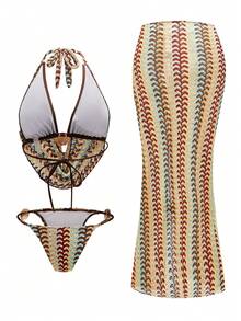 Swim Oasis Summer Beach Vacation Women Halter Neck Special Fabric Top With Side Tie Pants, Side Tie Swimsuit And Skirt