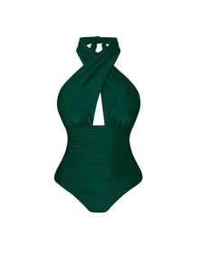 Swim Oasis Plus Size Women 2pcs Set Halter Backless One Piece Swimsuit With Random Print Long Beach Cover Up Skirt, Vacation Casual Swimwear Set, Tropical Outfit, Green Vacation Outfit, Green Outfit Women, Havana Nights Outfit