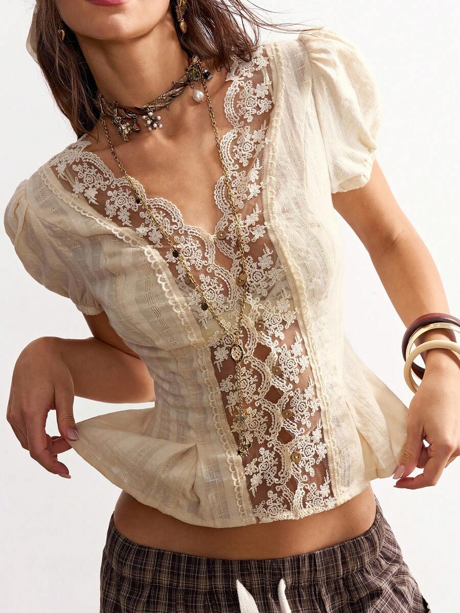 Bohemela 女士休闲纯色编织拼接蕾丝边短袖衬衫 - 杏色 - 查看 1