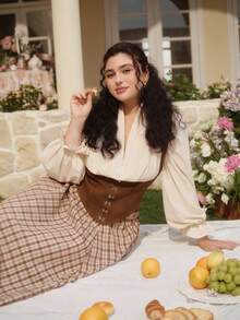 SHEIN MOD Plus Size Women's Fashion French Style Contrast Color Lantern Sleeve Blouse,Halloween,Going Out Tops,Fall For Women,Goth,Country Concert,Grunge,Boho Women,Old Money Style Women,Western,Back To School,Western Wear,Winter For Women,Pirate,Fall For Women,Halloween Cosplay.Christmas And New Year Outfits, Autumn And Winter Outfits - Coffee Brown - View 6