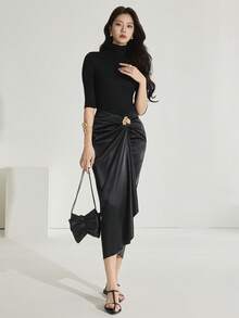 Heiryn Women's Fashionable Solid Color Decorative Ring Versatile Skirt - Black - View 3