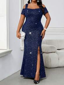 SHEIN Lady Vestidos elegantes para mujeres de talla grande, con espalda descubierta, manga corta y larga, estilo sirena, de punto, para ocasiones como oficina, fiesta, San Valentín, cóctel, concierto o festival de música, apropiados para primavera y verano. - Azul Marino - Ver 4