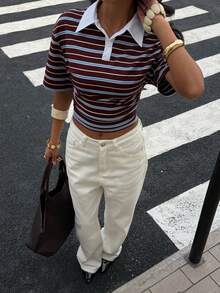 SHEIN X Scot Louie Siren Gaze 女士撞色拼接条纹 Polo 领落肩半开襟 T 恤 - 棕色 - 查看 3