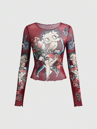 Betty Boop | ROMWE Blusa transparente y sexy con gráfico vintage para mujer