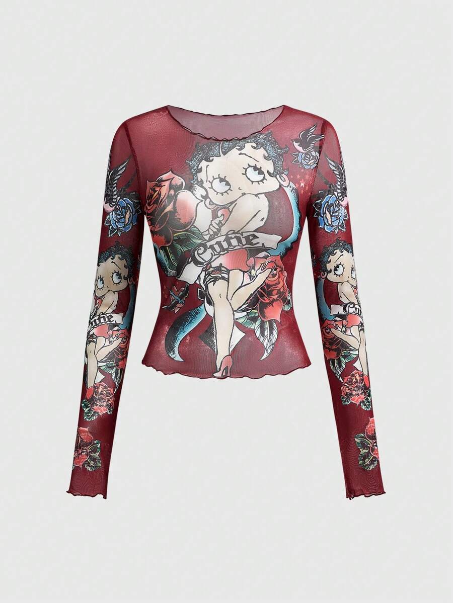 Betty Boop | ROMWE Áo crop top họa tiết cổ điển gợi cảm cho nữ - Màu Đỏ Sâu - Xem 1
