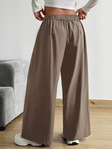 Vionelle Plus Size Loose Wide Leg Pants With Pockets, Solid Color - Khaki - View 2