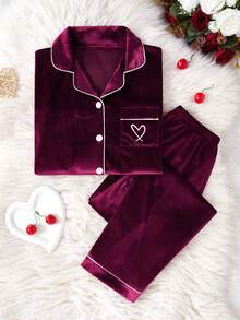 SHEIN 2件套女童/女士休闲舒适柔软韩版抓绒面料口袋爱心刺绣长袖长裤睡衣套装 - 紫色 - 查看 3