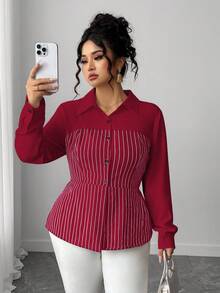 Elenzga 大码优雅办公/通勤单排扣条纹衬衫 - 紅色 - 查看 1