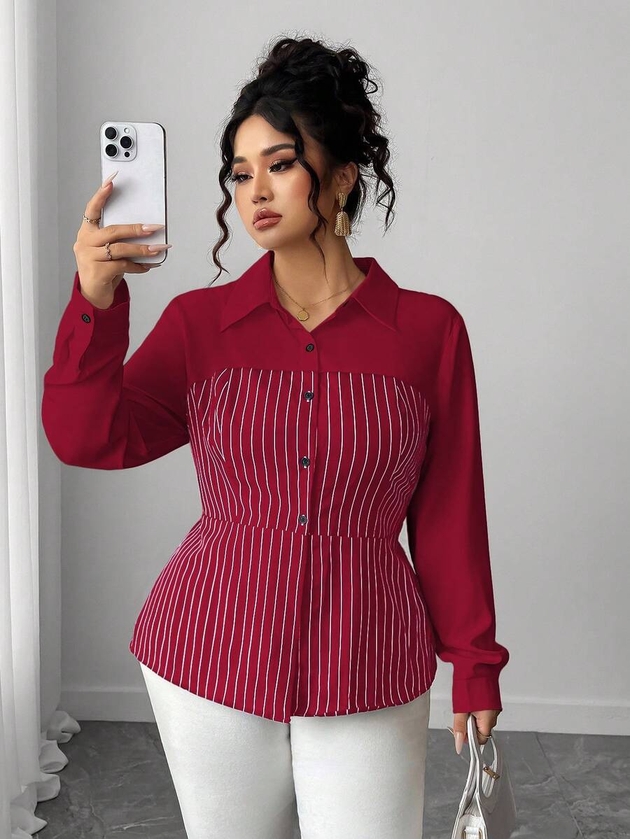 Elenzga 大码优雅办公/通勤单排扣条纹衬衫 - 紅色 - 查看 1