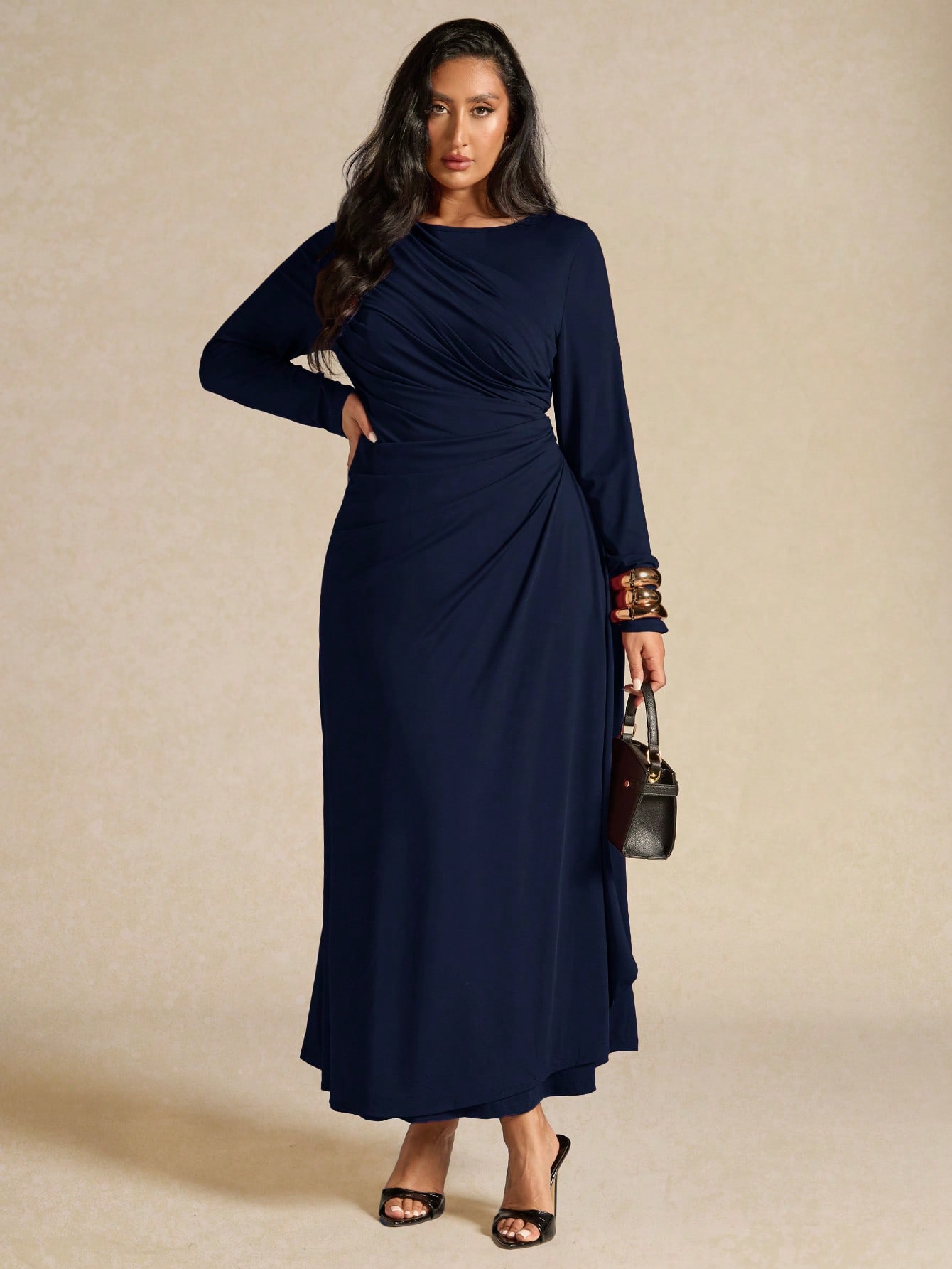 SHEIN BAE فستان طويل أنيق بأكمام طويلة وطيات للمرأ...