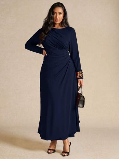 SHEIN BAE Plus Size Women's Elegant Long Sleeve Pleated Dress, Yellow, Autumn/Winter