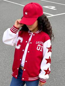 SHEIN Sparklyn Streecool Tween Girl 女童休闲舒适时尚设计日常百搭图案字母数字飞行员夹克，秋冬 - 紅色 - 查看 3