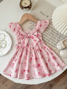 SHEIN 女婴优雅可爱粉色碎花荷叶边蝴蝶结连衣裙 - 粉色 - 查看 3