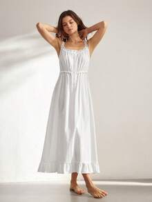 Ocili Women's Solid Color Contrast Lace Single-Breasted Nightgown - White - View 4