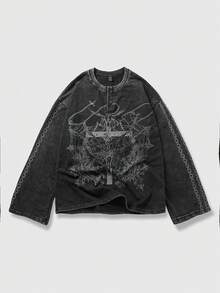 ROMWE MEN Men's Casual Cross & Spider Web Print T-Shirt, Autumn - Black - View 1