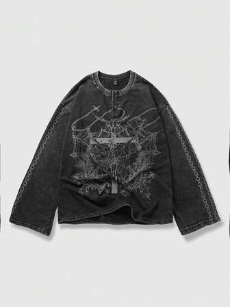 Maglietta casual da uomo con stampa a croce e ragnatela, autunnale