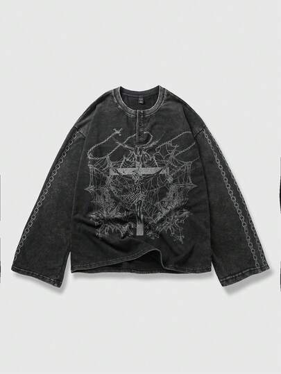 ROMWE MEN Men's Casual Cross & Spider Web Print T-Shirt, Autumn