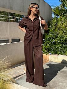 Livesso Brown Textured Pleated Striped Long Sleeve Shirt And Straight Leg Casual Pants 2 Pieces Suit Set, Loose Fit Business Casual Vacation Office Wear, Suitable For Autumn, Spring, Summer - Brown - View 2